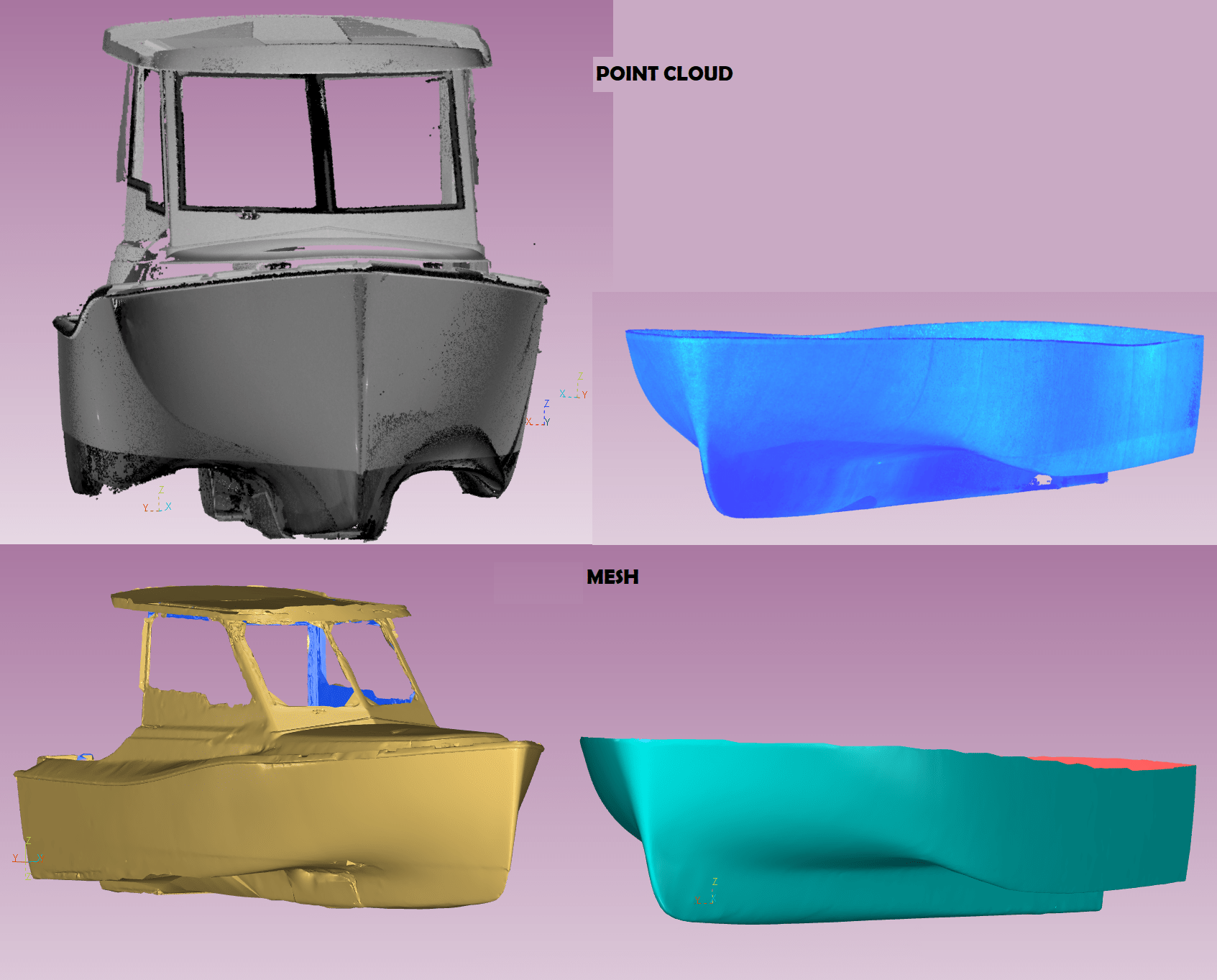 Motor boat point cloud and mesh images