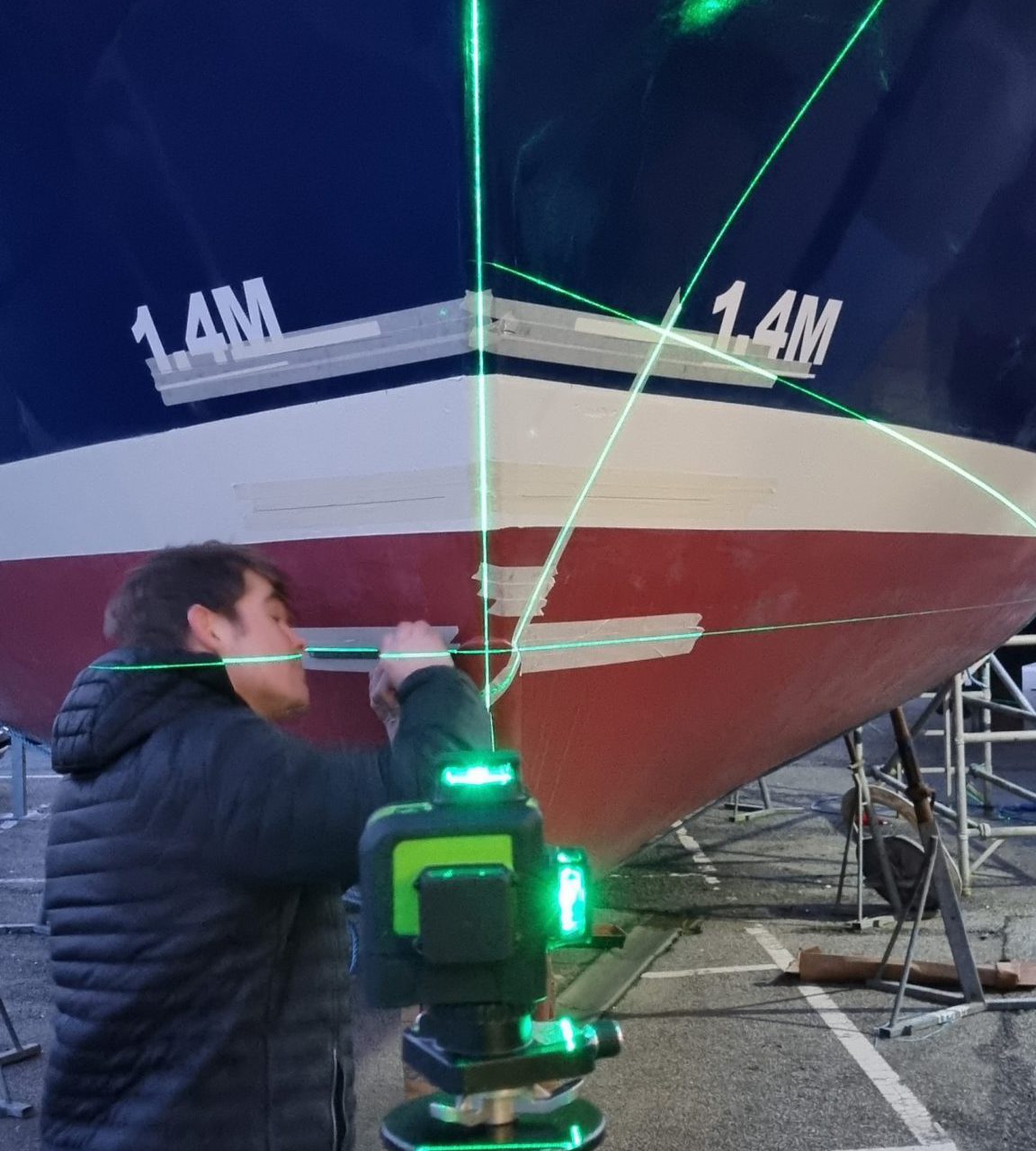 Laser level used to layout vessel draught marks