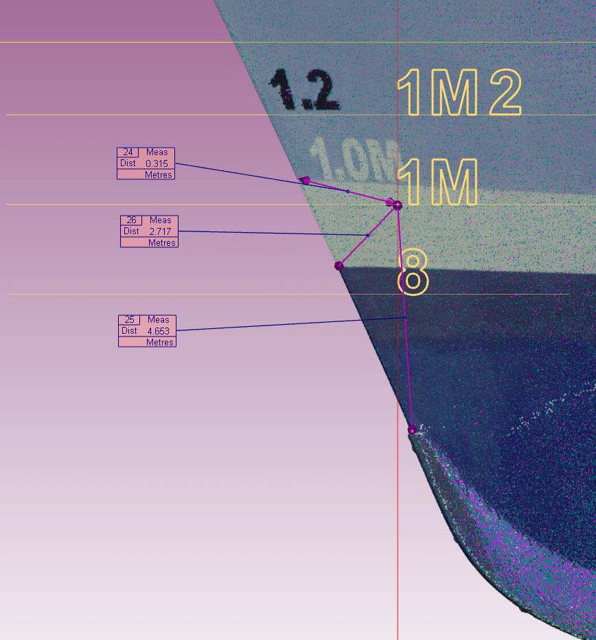 Digital model of a ferry with draught marks layout